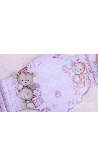 Trusou botez cu ursuleti roz si broderie personalizata Teddy Bear Pink 5